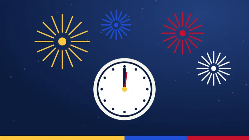 Ilustración de fuegos artificiales sobre un reloj que marca la medianoche del Año Nuevo