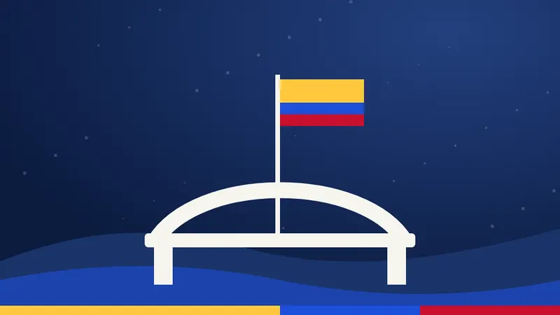Ilustración del Puente de Boyacá con la bandera de Colombia ondeando