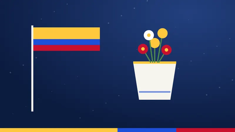 Ilustración de la bandera de Colombia junto a un florero con flores, símbolo del 20 de julio de 1810