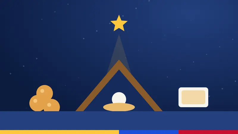 Ilustración de un pesebre bajo la estrella con buñuelos y natilla navideños