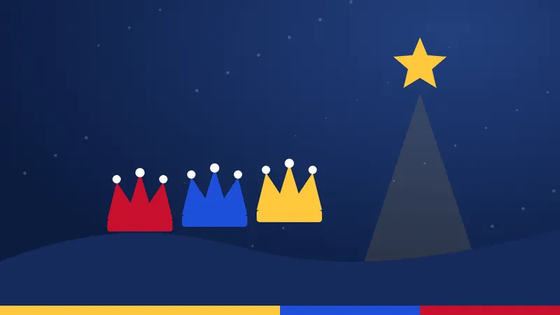 Ilustración de tres coronas de los Reyes Magos bajo la estrella de Belén