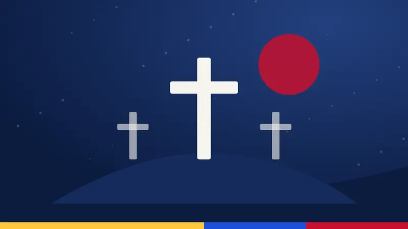 Ilustración de tres cruces sobre una colina al atardecer, Viernes Santo