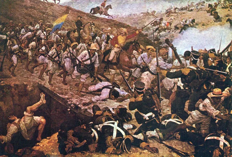 Pintura de la Batalla de Boyacá de Martín Tovar y Tovar con la caballería patriota en el campo de batalla
